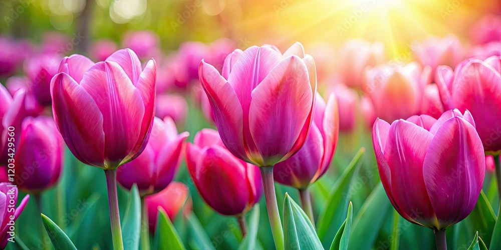 Obraz premium A vibrant spring banner bursts with pink tulips, sharply focused against a bright, colorful backdrop.