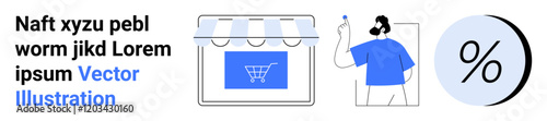 Online store with shopping cart icon, person holding brush, percentage symbol on blue. Ideal for e-commerce, online stores, digital marketing, promotions, website design, sales campaigns, landing