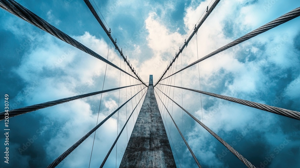 Suspension Bridge Cables in Tension, showcasing modern engineering against dramatic clouds, highlighting strength and beauty in design Suspension Bridge Cables in Tension, showcasing modern engineering against dramatic clouds, highlighting strength and beauty in design