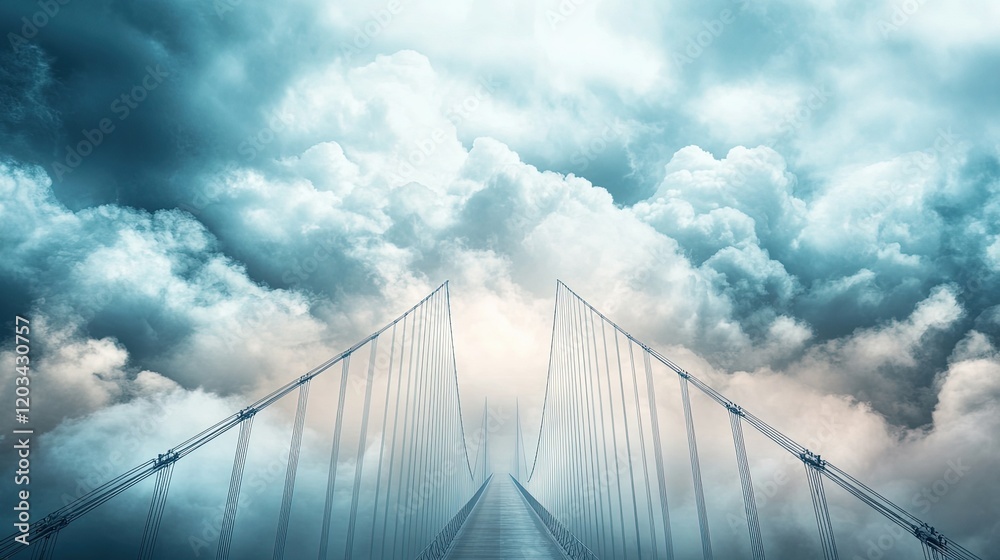 Fototapeta premium Suspension Bridge Cables Tension, intricate details of cables under strain, clouds enhancing the scene, showcasing modern engineering marvels
