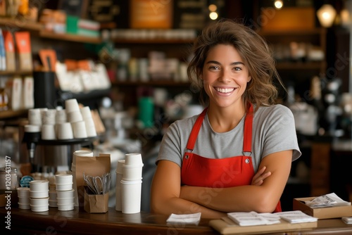 Smiling Female Barista in Red Apron at Coffee Shop Counter with Copy Space photo