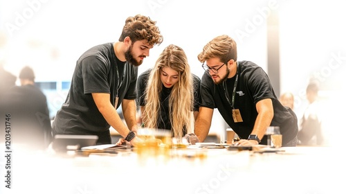 College students engaged in a hackathon, demonstrating collaboration and concentration in a vibrant technology setting