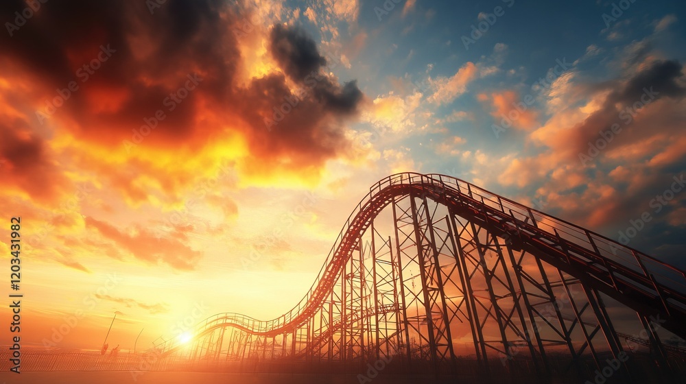 Twilight Serenity of Steel, intricate roller coaster design in deserted amusement park, blend of thrill and calm, industrial elegance.