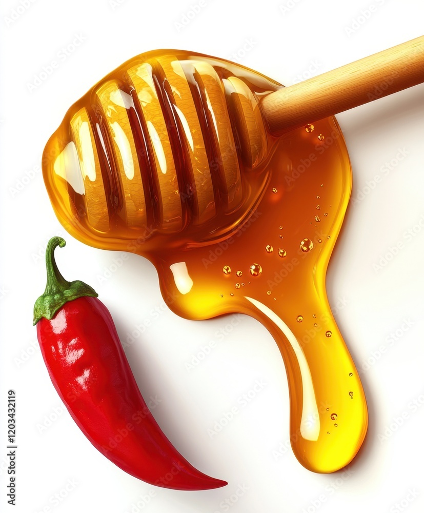 Honey and red chili pepper on white background