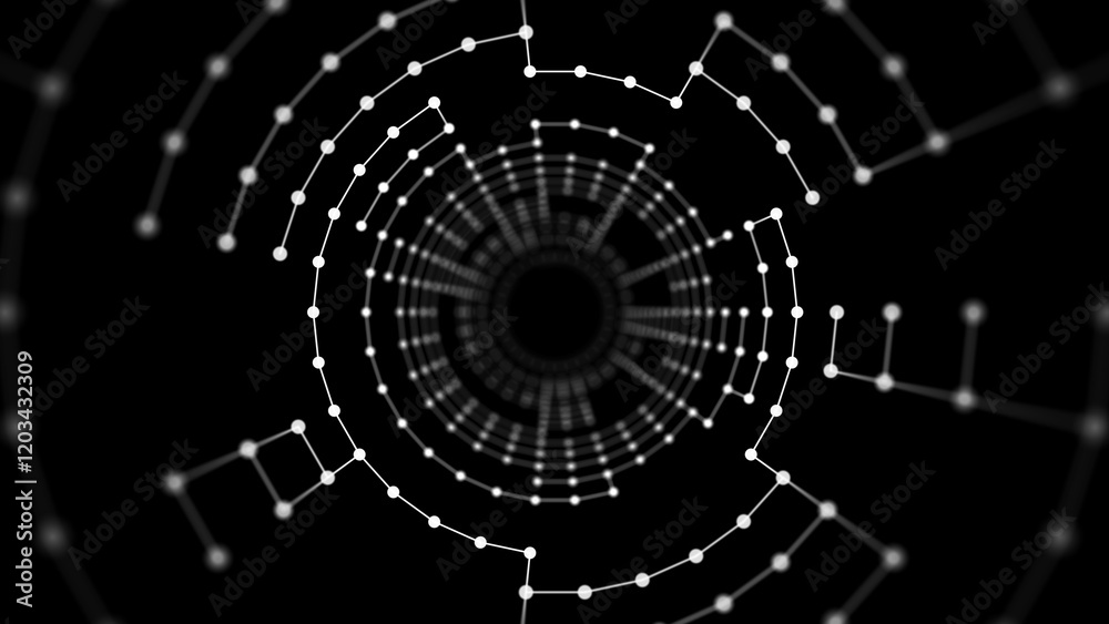 Fototapeta premium Abstract geometric tunnel of particles and lines. Network, connection of dots and lines. 3D funnel, wormhole or vortex. Technology background. 3d rendering.