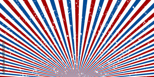Retro sun rays with Usa colors background. Cartoon sunlight backdrop with grunge. 4th of July, American Independence Day. Vector background with stripes.