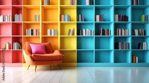 A modern and stylish bookshelf is designed with brightly colored cubby spaces, displaying a variety of books that create an aesthetic and vibrant atmosphere in any room. photo