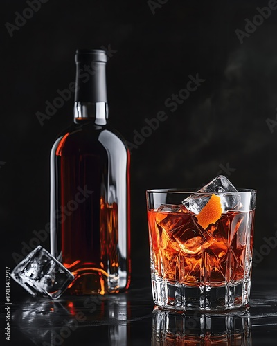  Whiskey Bottle and Glass with Ice, Elegant Whiskey Bottle and Glass, Classic Whiskey Bottle and Glass on Black Background, Elegant whiskey bottle and glass on dark background
