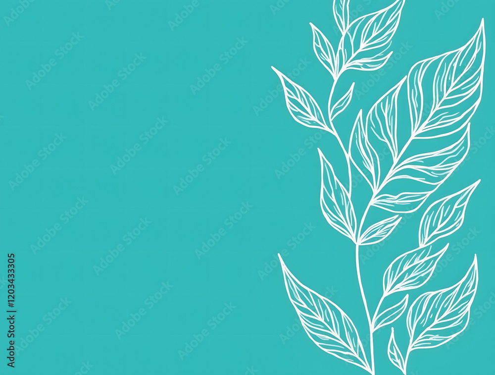 Fototapeta premium Outline illustration of leaves on a teal-colored background.