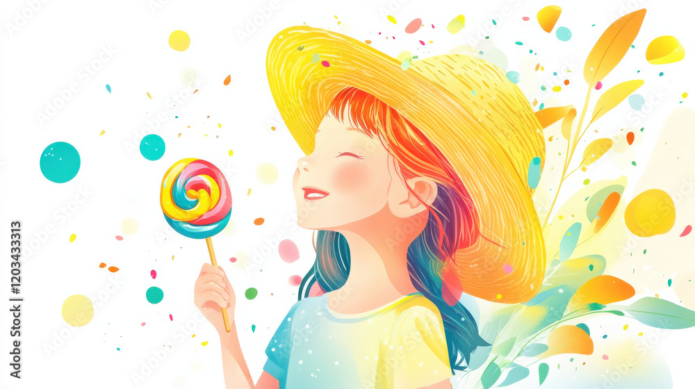 A cheerful child wearing a straw hat, holding a colorful lollipop, soft pastel tones A cheerful child wearing a straw hat, holding a colorful lollipop, soft pastel tones