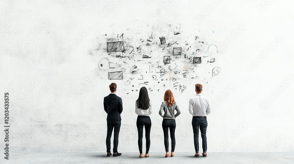 Fototapeta premium Dynamic team collaboration on whiteboard, innovative marketing strategy development, diverse ideas, brainstorming session