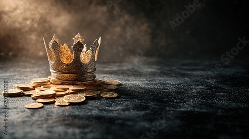 Golden coin crown, emblem of opulence and authority, intricate design, shimmering coins, regal presence, invoking status and prosperity