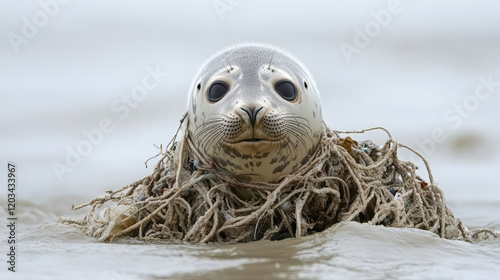 Close up photo of a harbour seal entangled in fishing net in water. Plastic net that kills marine animals. Pollution on marine environments and wildlife. Environmental conservation and ecology.
