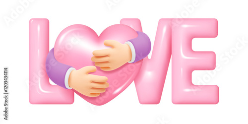 Valentine's Day greeting, romantic cute design, lettering. Convex pink letters Love, hands gently embracing heart. Greeting card, banner template. Vector 3d realistic conceptual isolated illustration