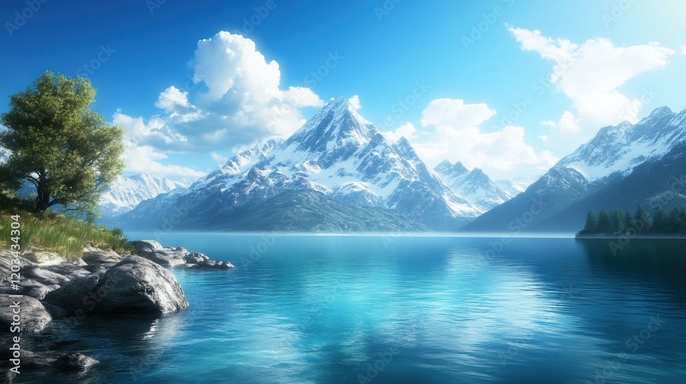 Obraz premium Alpine Serenity, a pristine lake reflecting majestic snow-capped mountains, inviting tranquility and the beauty of nature's grandeur.