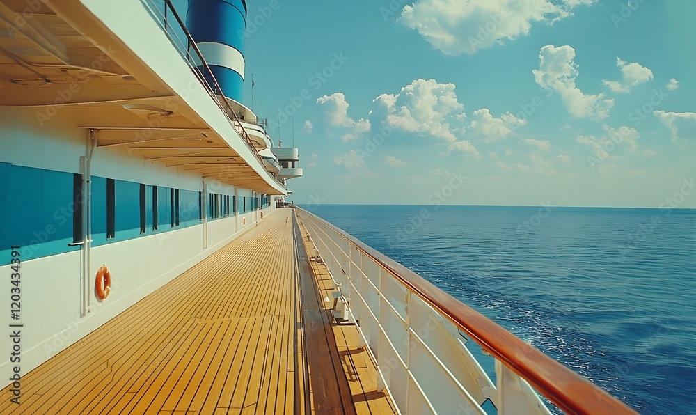 Fototapeta premium A 1960s cruise ship features white streamlined upper decks with teak wood and two blue funnels in the sunlight
