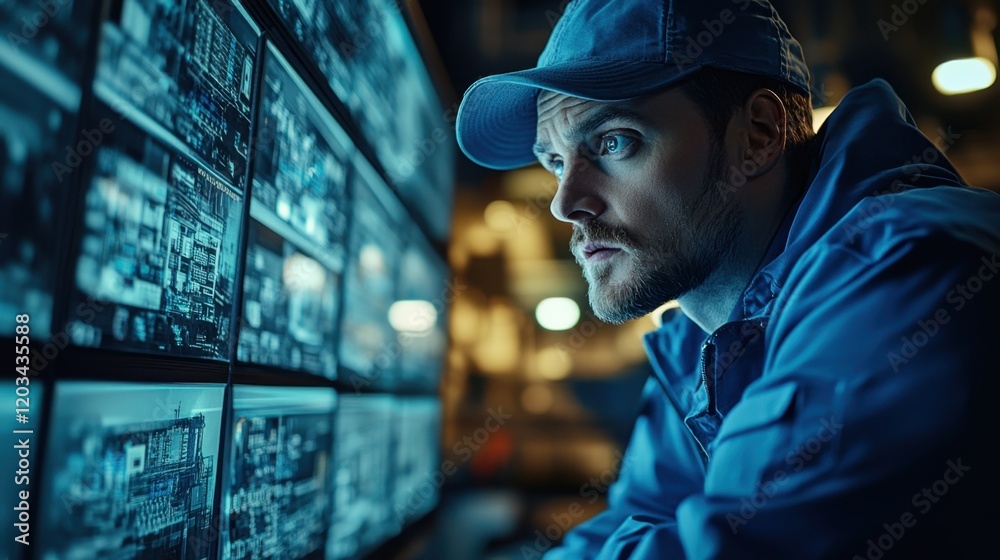 Security analyst monitoring camera feeds on screens Security analyst monitoring camera feeds on screens