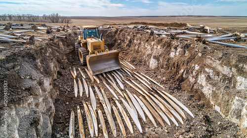 Wind turbine graveyard. Bulldozer burying into a large excavation many spent wind turbine blades. Non-recyclable wind turbines. Eco-friendly purpose of wind turbines and environmental damage.