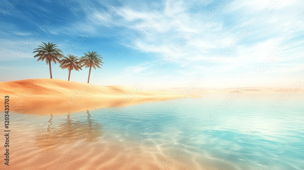 Obraz premium Desert Oasis Serenity, tranquil waters mirroring golden dunes, swaying palms offering shade, a peaceful retreat in arid beauty