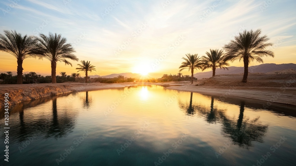 Obraz premium Desert Oasis Serenity, lush palm trees surround glistening water reflecting the sun's warm embrace, a tranquil escape in the arid landscape