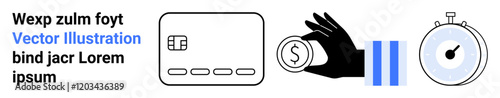 Credit card, hand holding coin, pause button, and stopwatch. Ideal for finance, banking, investment, payment processing time management business operations digital transactions. Landing page