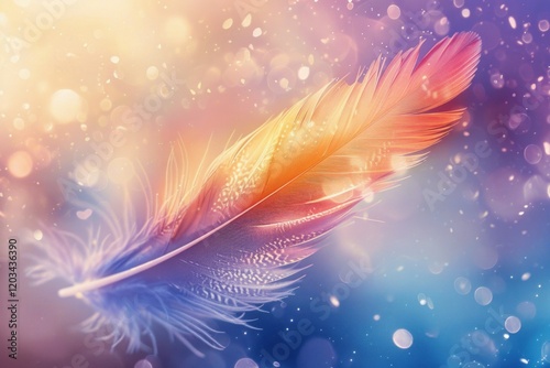 Vibrant, colorful feather floats gently against a dreamy background of sparkling bokeh and soft light leaks