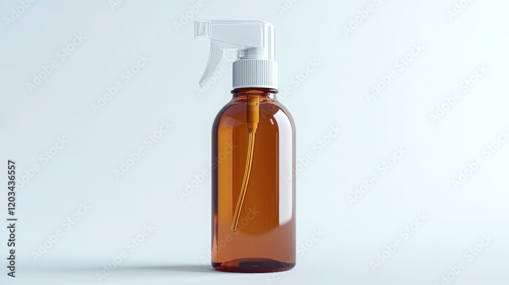 A spray bottle of antiseptic, positioned upright with a clear label on a white backdrop. A spray bottle of antiseptic, positioned upright with a clear label on a white backdrop.