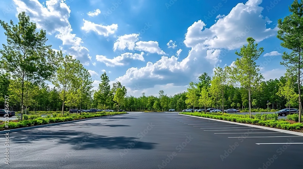 A wide-angle view of the parking lot in front, surrounded by green trees and a blue sky with white clouds. A wide-angle view of the parking lot in front, surrounded by green trees and a blue sky with white clouds.