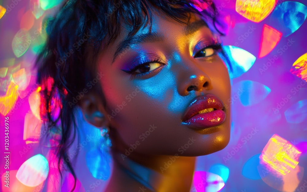 Fototapeta premium A close-up portrait of a young woman with vibrant makeup, set against a dynamic and colorful 3D abstract background.