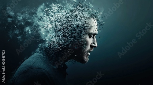 Digital transformation leader merging with technology, visionary face blending into streams of binary code, symbolizing innovation and progress