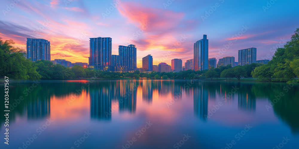 Obraz premium City Skyline with Skyscrapers and Sunset Reflection on Water