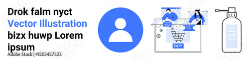 Blue user icon, people using laptops for online shopping, shopping cart with BUY button, and sanitizer bottle. Ideal for e-commerce, online retail, shopping, digital marketing, web development