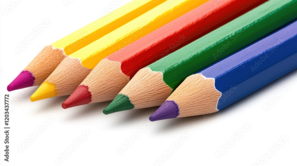 Vibrant colored pencils arranged in a row on a white background showcasing creativity and artistic potential Vibrant colored pencils arranged in a row on a white background showcasing creativity and artistic potential
