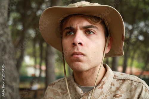 Young Military Man Hides From The Enemy Behind A Log In The Forest In War Terror