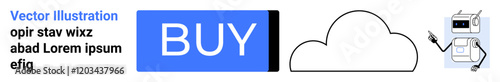 Blue BUY button, cloud outline, and pointing robot. Ideal for e-commerce, digital products, CTA, cloud services, AI, technology solutions, and internet services. Landing page