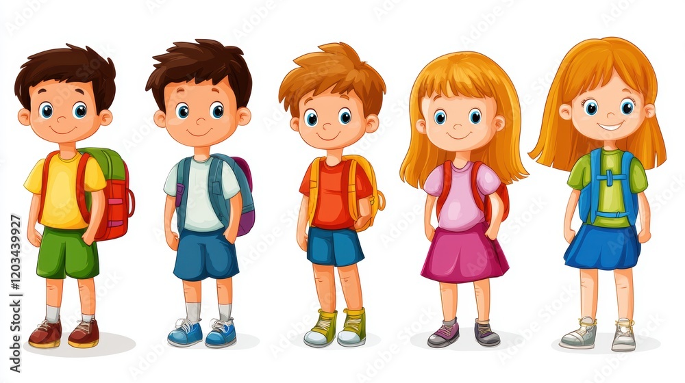 Group of cheerful children with backpacks ready for school on a sunny day Group of cheerful children with backpacks ready for school on a sunny day