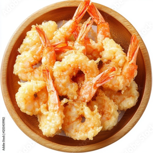 Japanese Tempura Fried Shrimp in Wooden Plate on White Background, ideal for food and culinary related projects photo