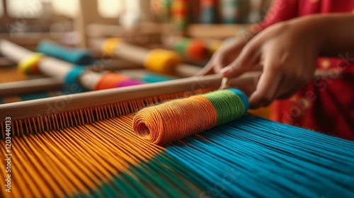 Vibrant Handwoven Threads on Loom Representing Indian Textile Craftsmanship
