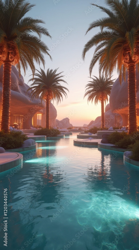 Fototapeta premium Futuristic Oasis in the Desert with Glowing Palm Trees