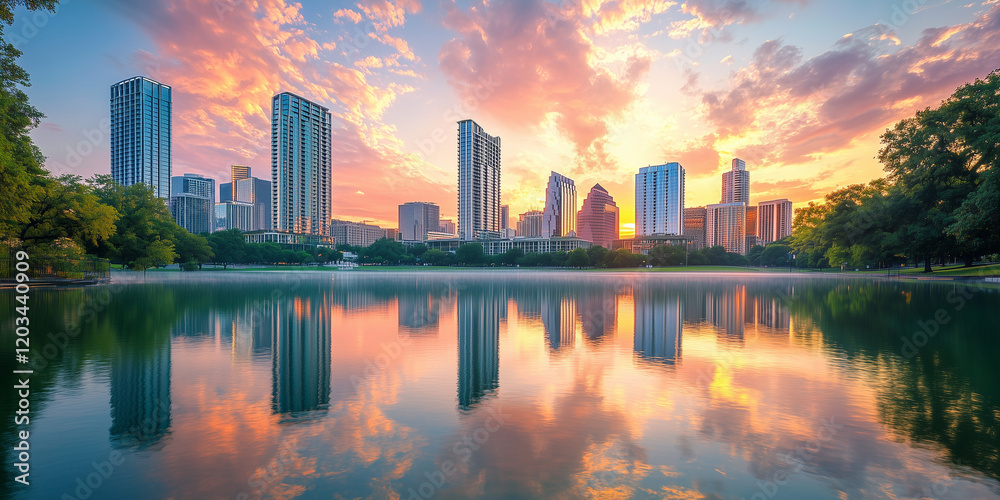 Fototapeta premium City Skyline with Skyscrapers and Sunset Reflection on Water