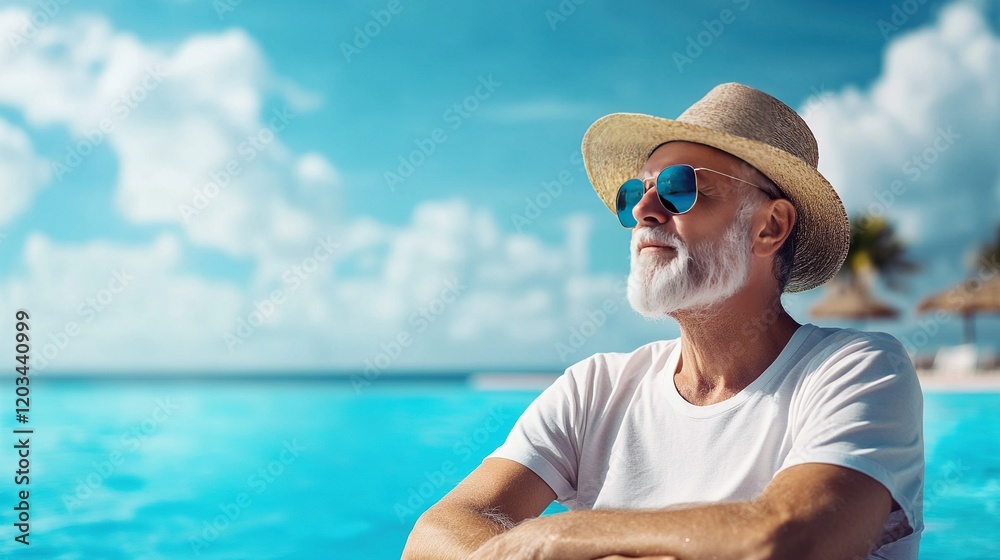 Retirement Bliss, elderly man relaxing by hotel pool, tropical scenery, vibrant blue water, serene demeanor, embodiment of leisure and tranquility