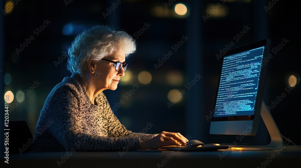 Elderly woman embracing technology, coding journey at minimalist workspace, inspiring lifelong learning and empowerment through tech