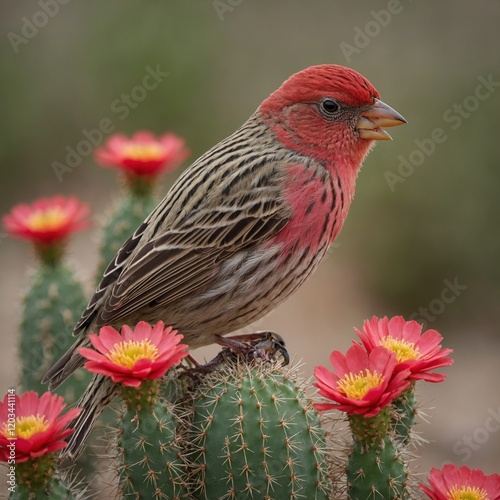 A vibrant cassin's finch perched on a blooming cactus in a desert landscape. photo