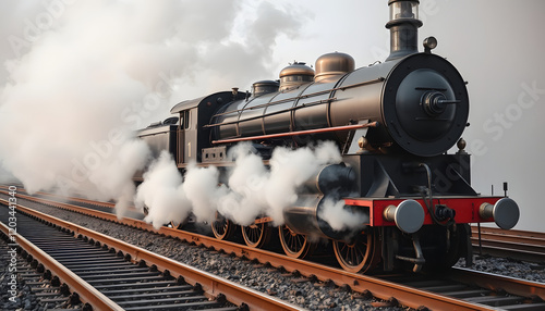 Steam engine on a railway track. Industrial revolution heritage, studio photography, with white tones