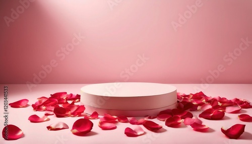 Pastel Pink Minimalist Podium with Rose Petals for Valentines Day Promotion