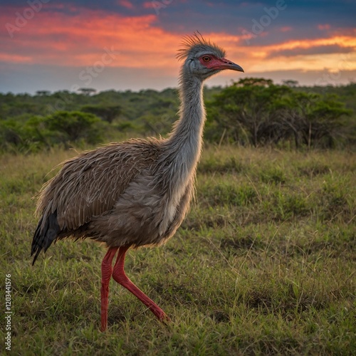 A red-legged seriema walking in a grassy Brazilian savanna under a vibrant sky. photo