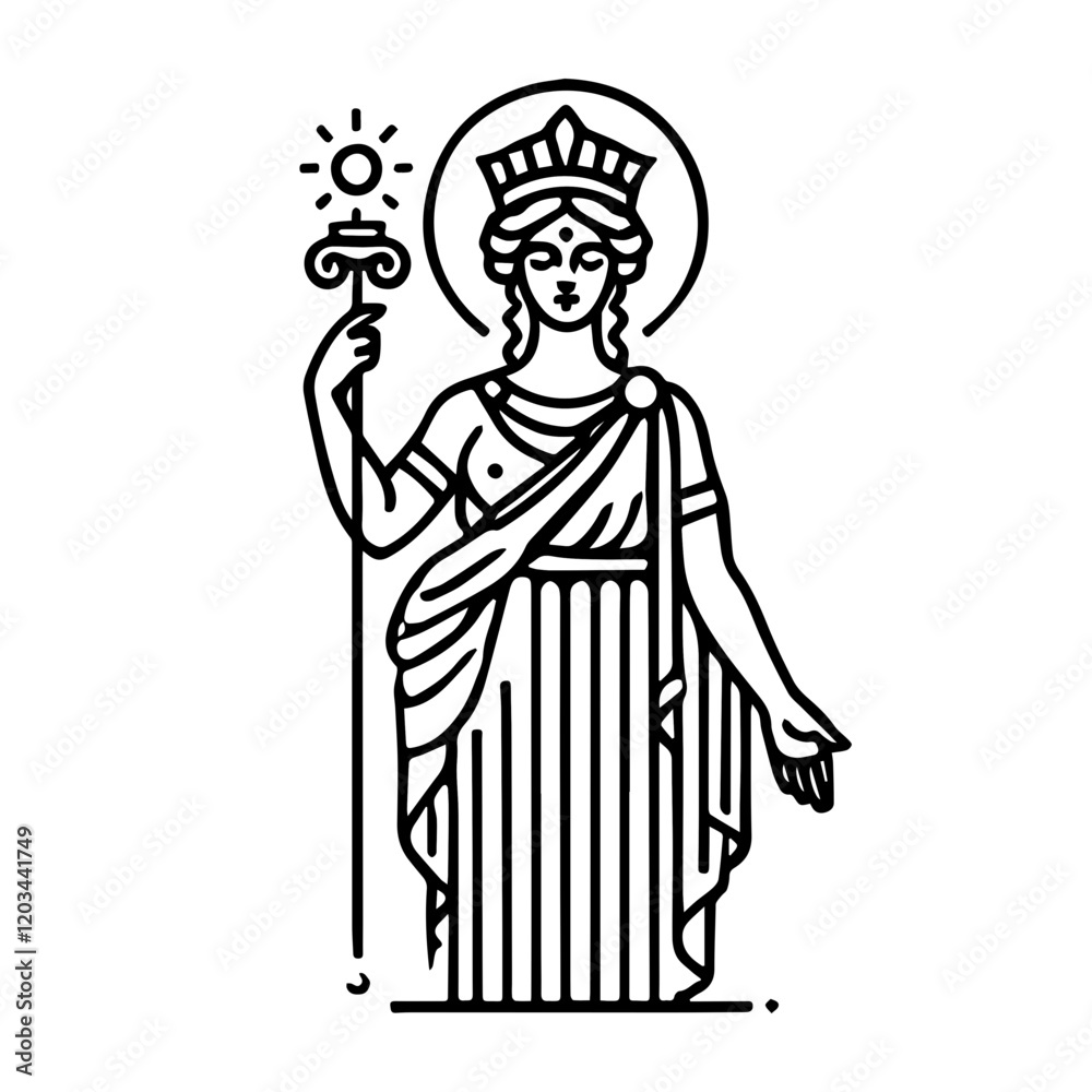 Line Art Goddess: A minimalist line art illustration depicts a goddess figure, adorned with a crown, holding a staff and standing under a radiant sun. Her serene expression radiates power and wisdom. Line Art Goddess: A minimalist line art illustration depicts a goddess figure, adorned with a crown, holding a staff and standing under a radiant sun. Her serene expression radiates power and wisdom.