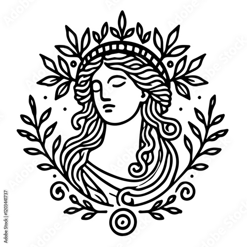 Serene Goddess:  A minimalist line art illustration of a serene goddess or muse, adorned with a laurel wreath and flowing hair.  The design evokes classic Greek aesthetics and a sense of tranquility.