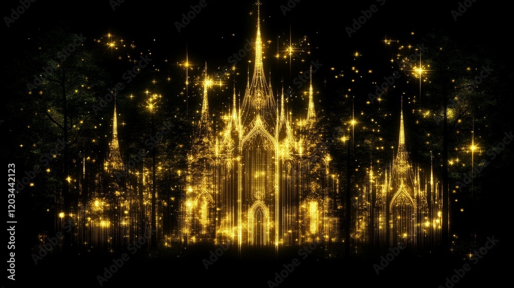 Fototapeta premium Golden Castle Enchantment in Starlit Forest