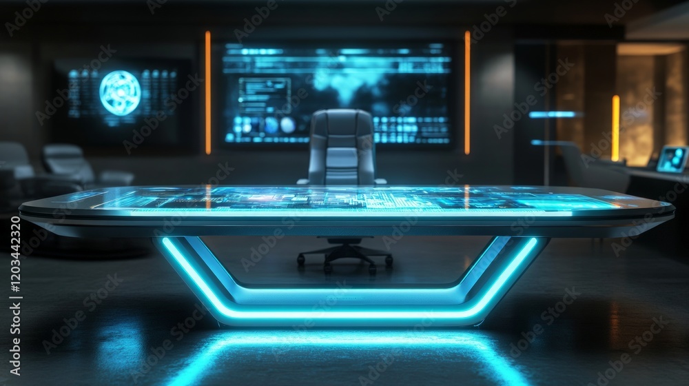 Obraz premium Futuristic Office Space with High-Tech Desk and Interactive Display